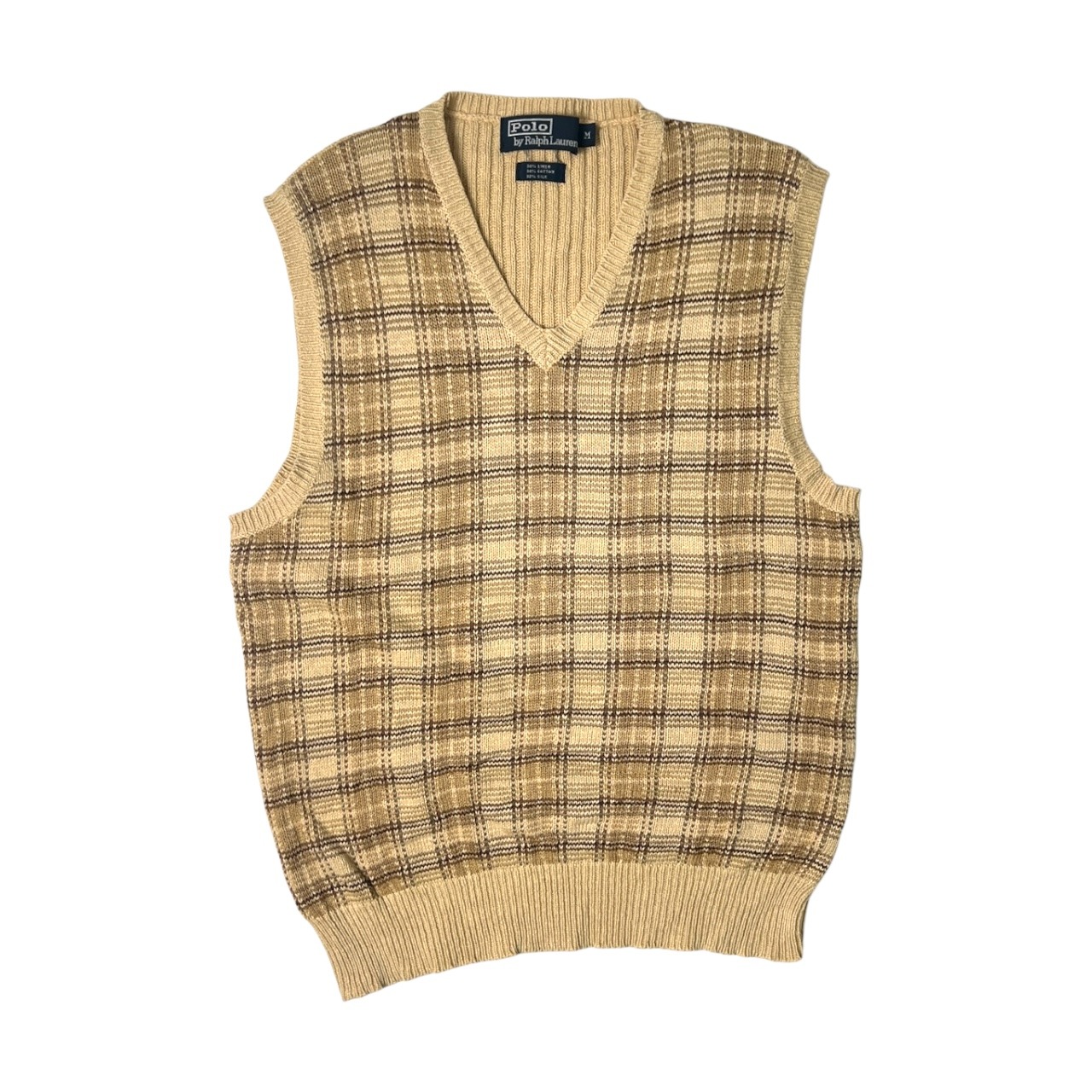 Polo by Ralph Lauren ポロラルフローレン リネン&シルク混 チェック柄 Vネック コットンニットベスト M/ベージュ/ビンテージ