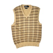Polo by Ralph Lauren ポロラルフローレン リネン&シルク混 チェック柄 Vネック コットンニットベスト M/ベージュ/ビンテージ