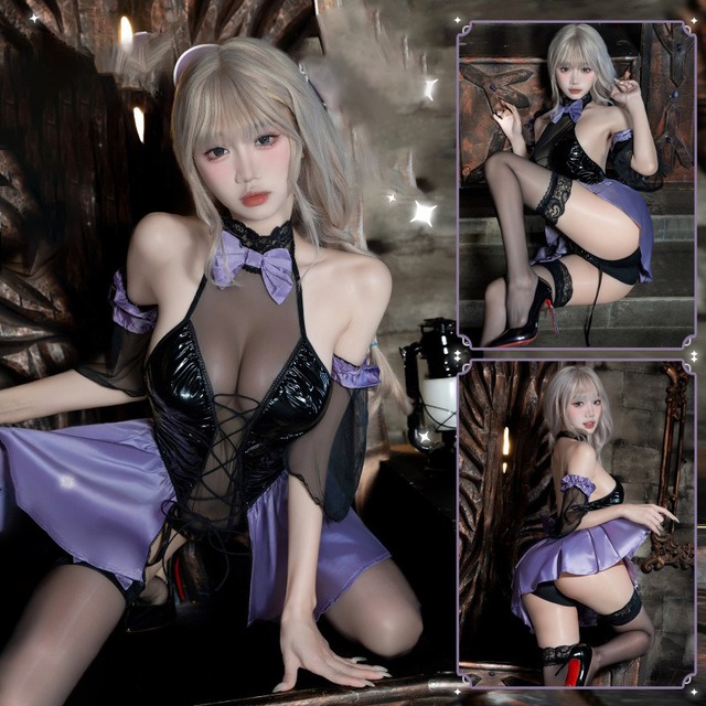 （2点セット）ハロウィン  セクシーランジェリー レディース PU 切替 オフショルダー ボディスーツ コスプレ制服119876892