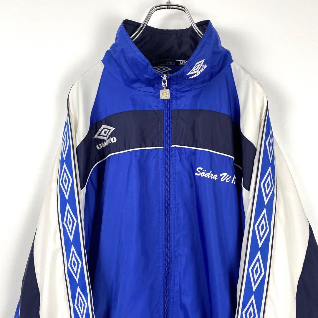 L 古着 90s UMBRO ナイロンジャケット ロゴテープ サイドライン 青白 L ...