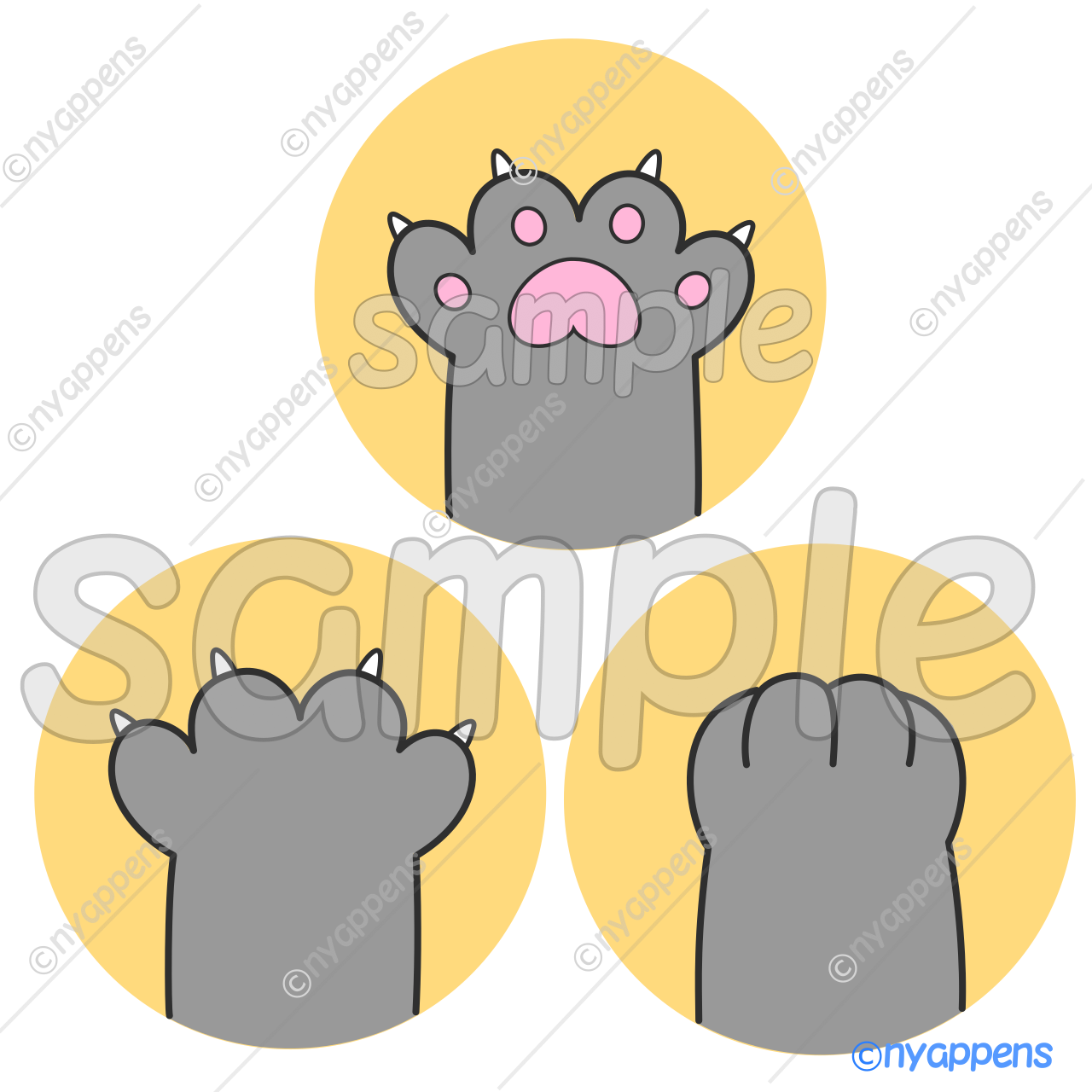 【商用利用OK】猫イラスト(にゃんパ/グレー)シールやアイコン、素材に!3種セット