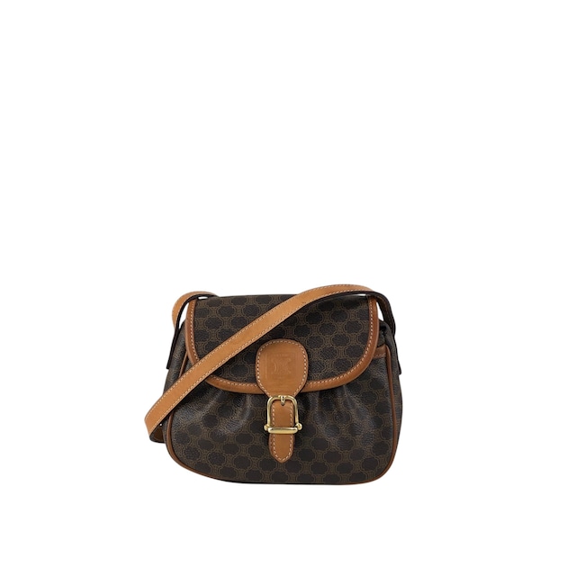 CELINE セリーヌ マカダム ショルダーバッグ ブラウン ブラゾン型押し フロントバックル PVC レザー ミニバッグ vintage ヴィンテージ オールド vryvsx