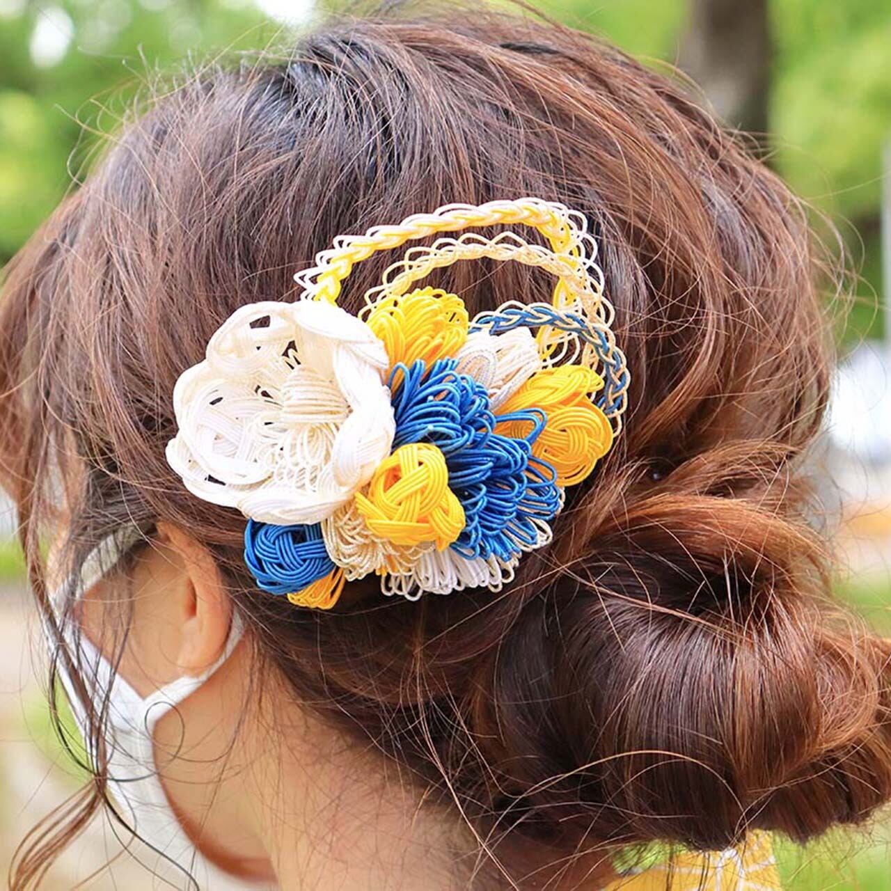 水引ヘアアクセサリー ブルー×イエロー お祭り 和装 お着物 お茶会
