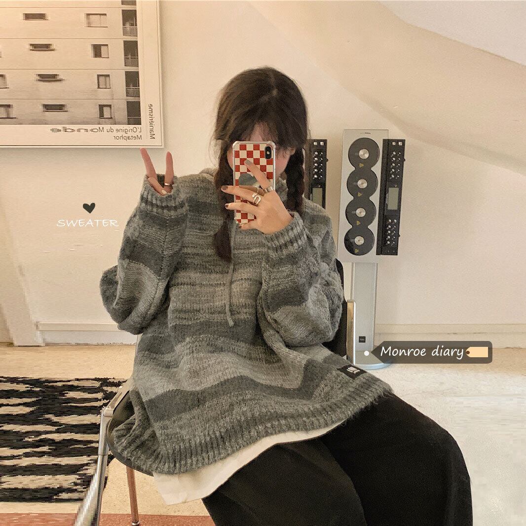 ストライプフードニット オータム薄手ルーズセーター ジャケット スタンダードトップス レトロ 秋物 モンロー80496361202