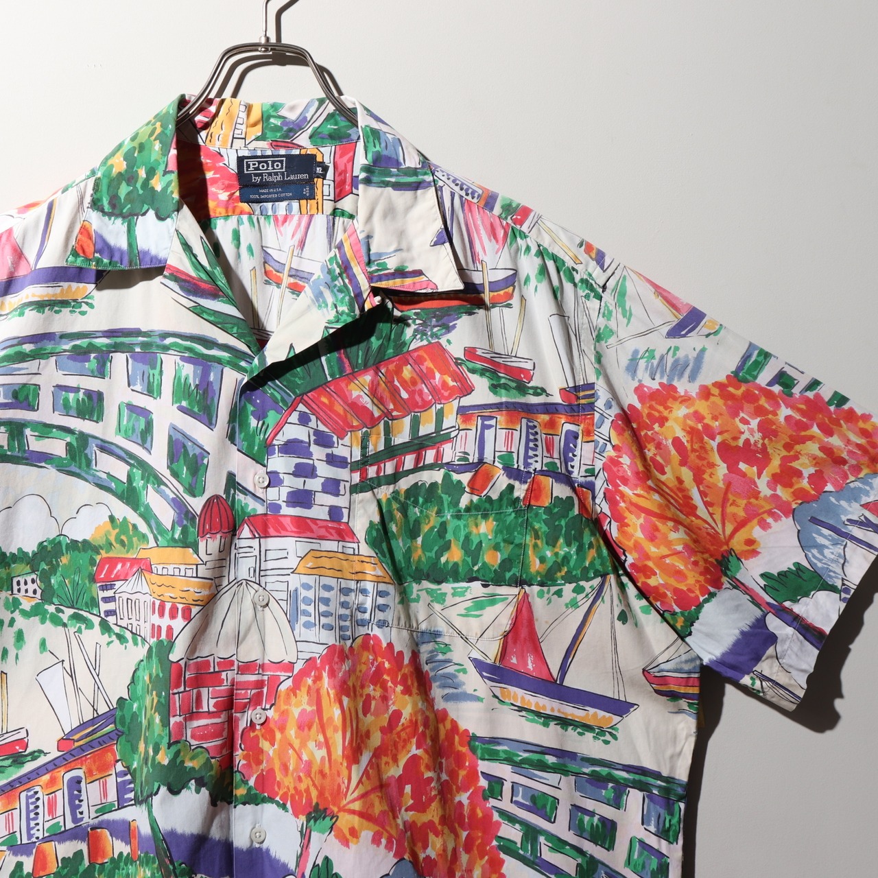 美品 XL USA 水彩画風 白 総柄 アロハ ポロラルフローレン 半袖開襟シャツ ホワイト