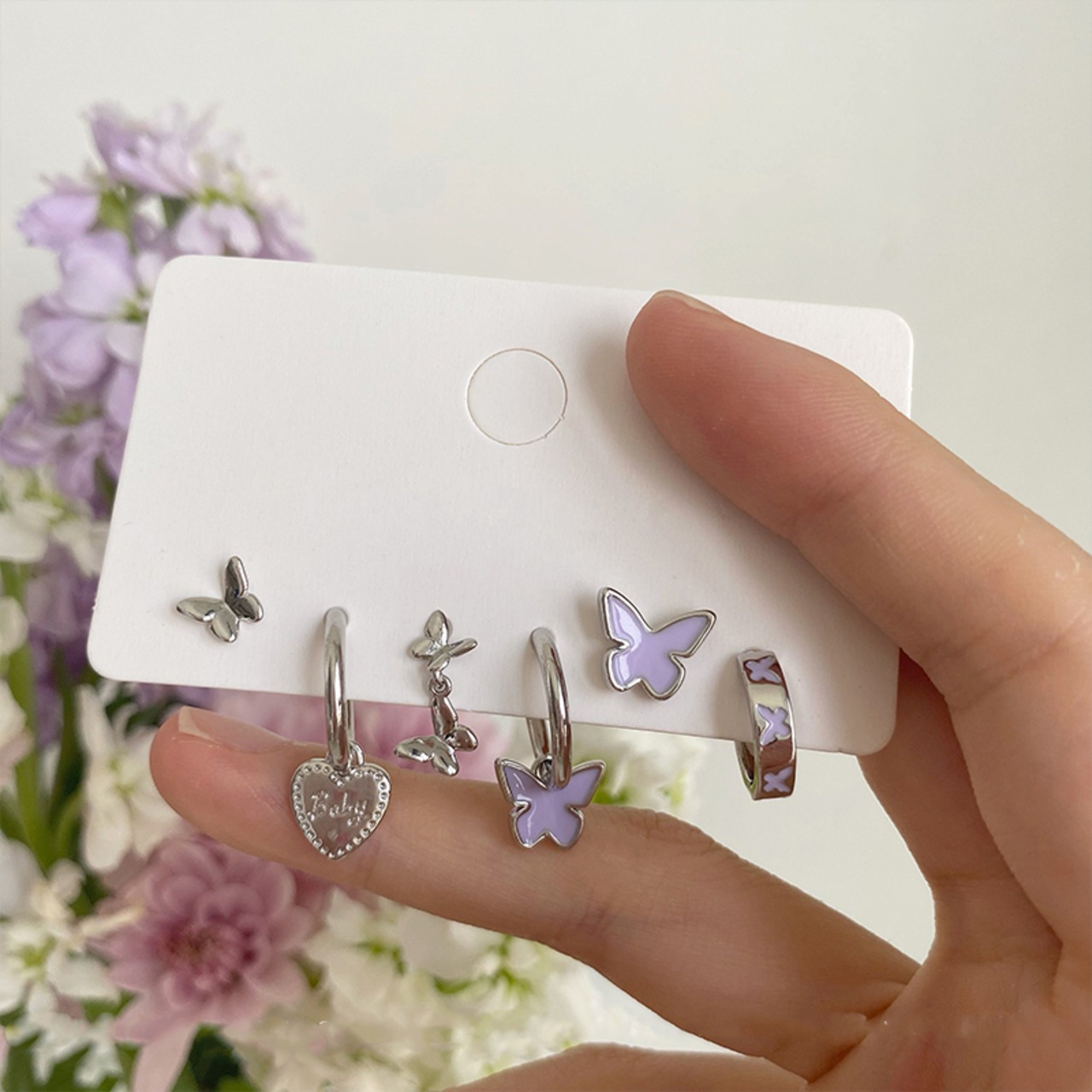 icesugar紫色の蝶々ピアス6点セット
