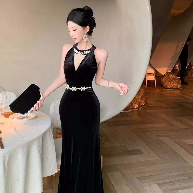 【dress】ノースリーブベルベットワンピース Q7886