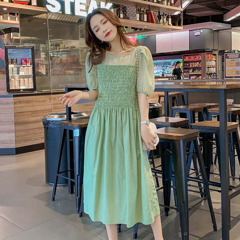 【新作】【送料無料】 マタニティウェア2020夏の新しい綿とリネンの伸縮性のあるスクエアネックドレス、トレンディな母親のミドル丈ドレス妊婦-アリババ コットン エラスティック サマー 夏物 スクウェア expec274455545027