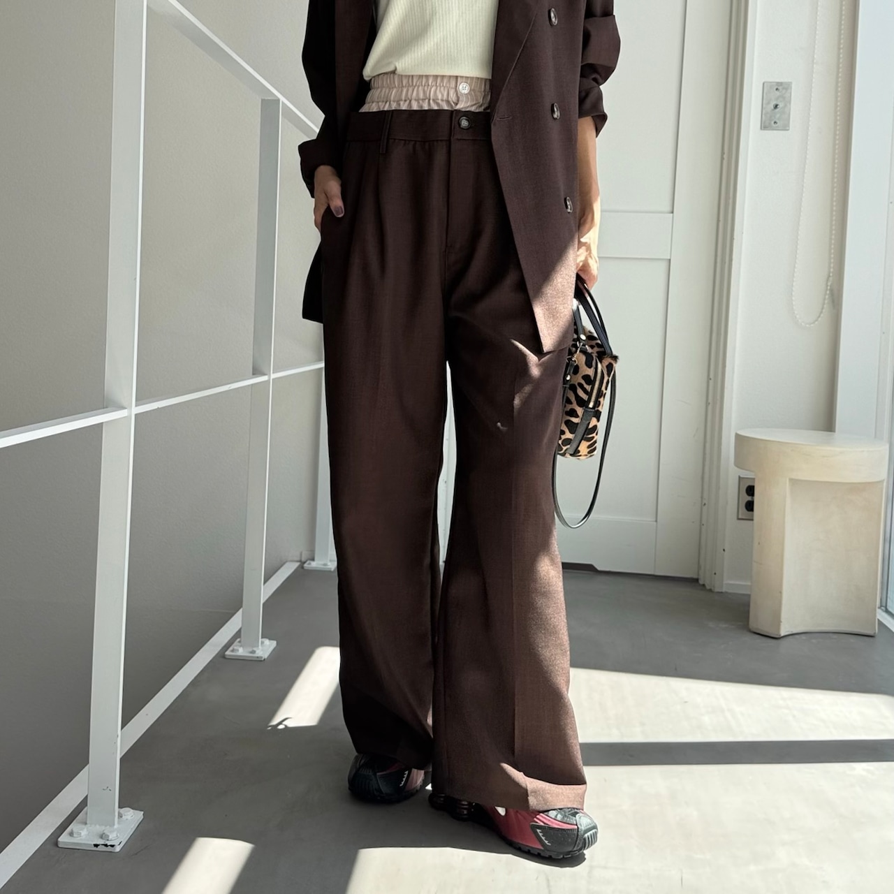 ダブルウエストスラックスPT/ダークブラウン