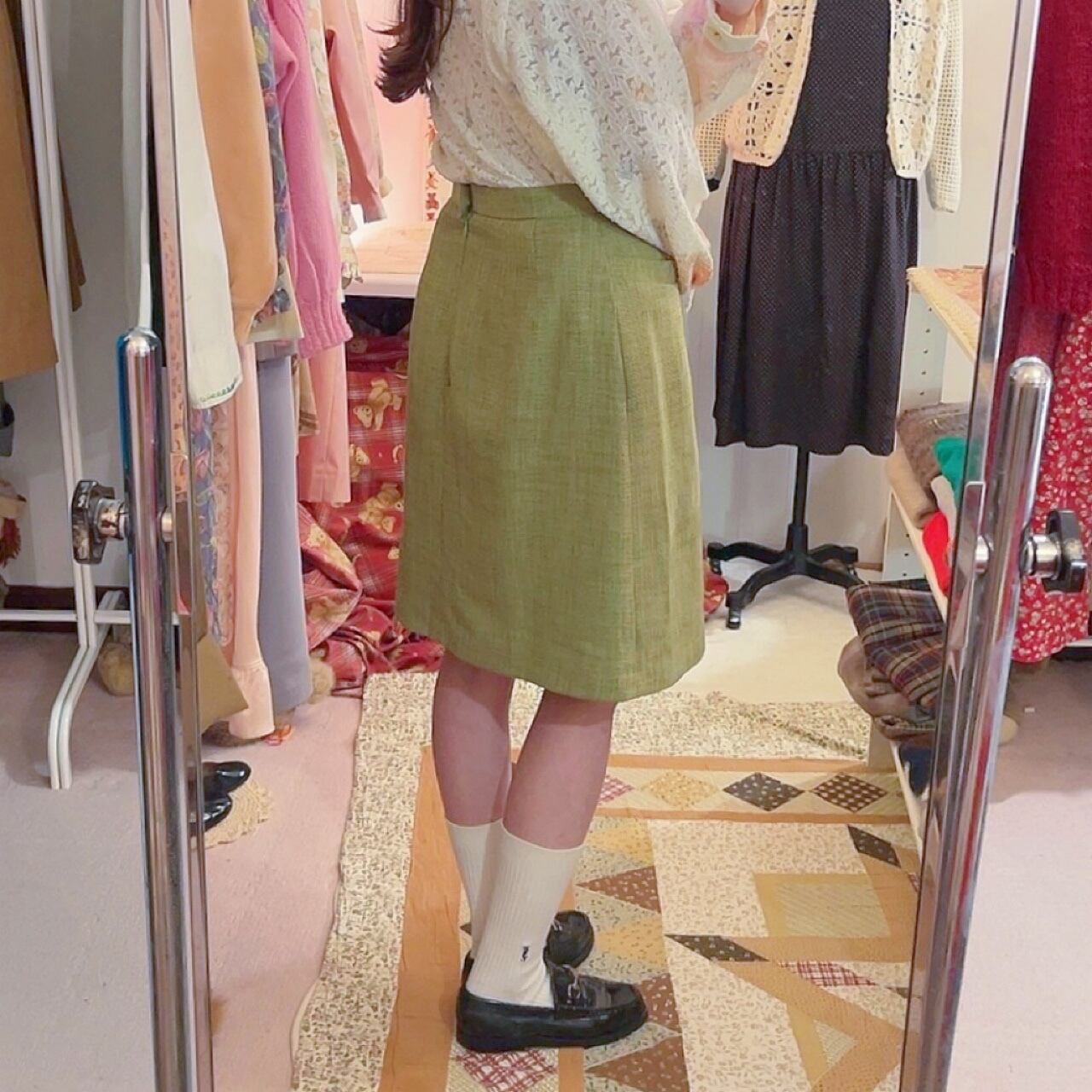 moss green tuck skirt