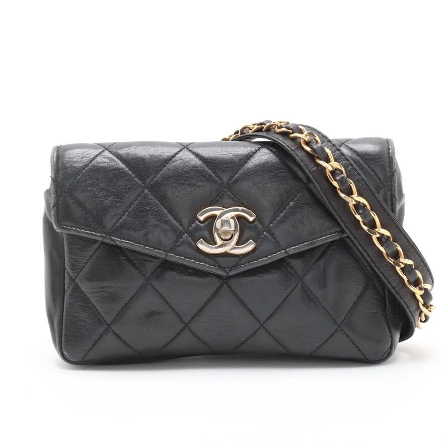 Ultra Rare◇CHANEL Matelassé Lambskin Waist Bag Body Bag Shoulder Bag Black Gold Unisex