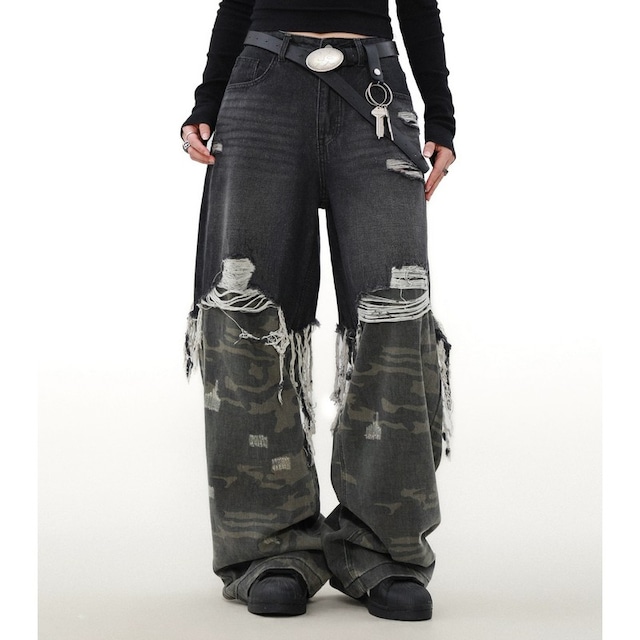 カモフラパターン　フリンジデニムパンツ　00008