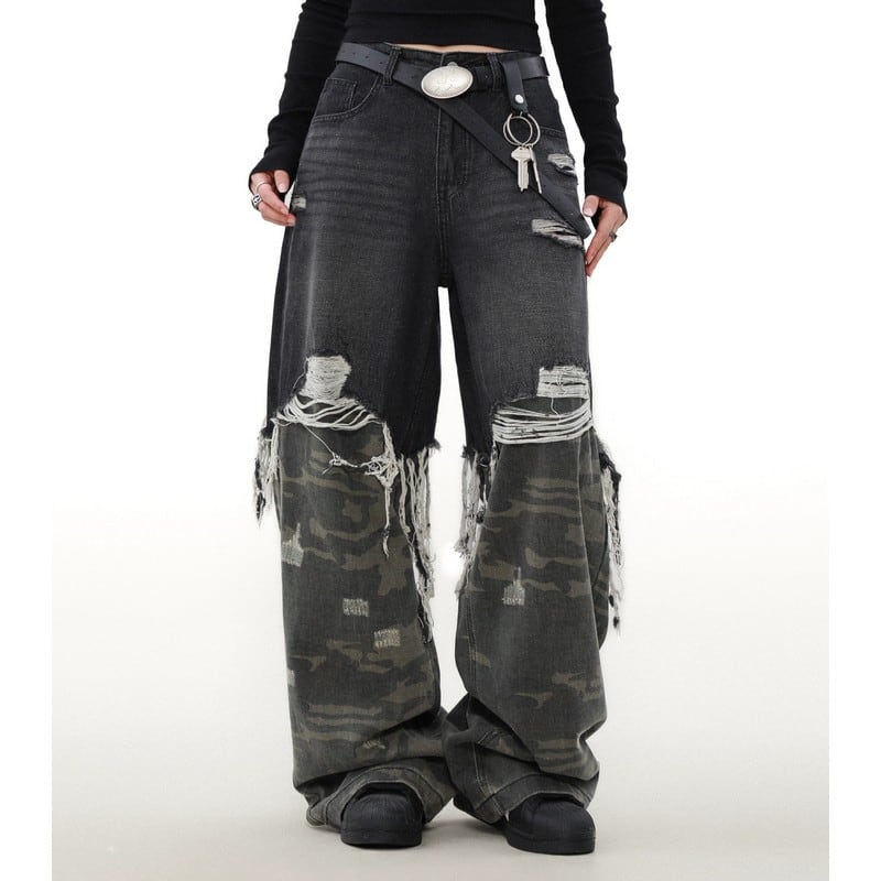 カモフラパターン フリンジデニムパンツ 00008