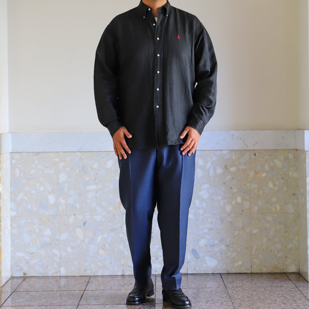 極美品】80s Ralph Lauren special silk linen shirt black big size