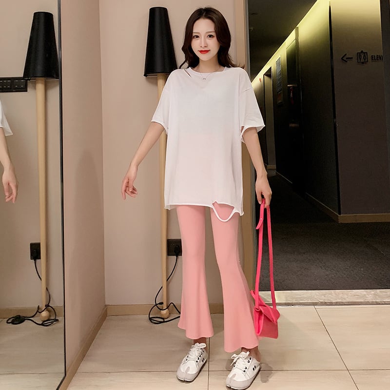 【新作】【送料無料】 マタニティウェア2020夏の新しいトレンディなマザーネットレッドマタニティスーツルーズトーニングトップ+ベリーリフトフレアパンツ-アリババ サマー 夏物 expec235803006669