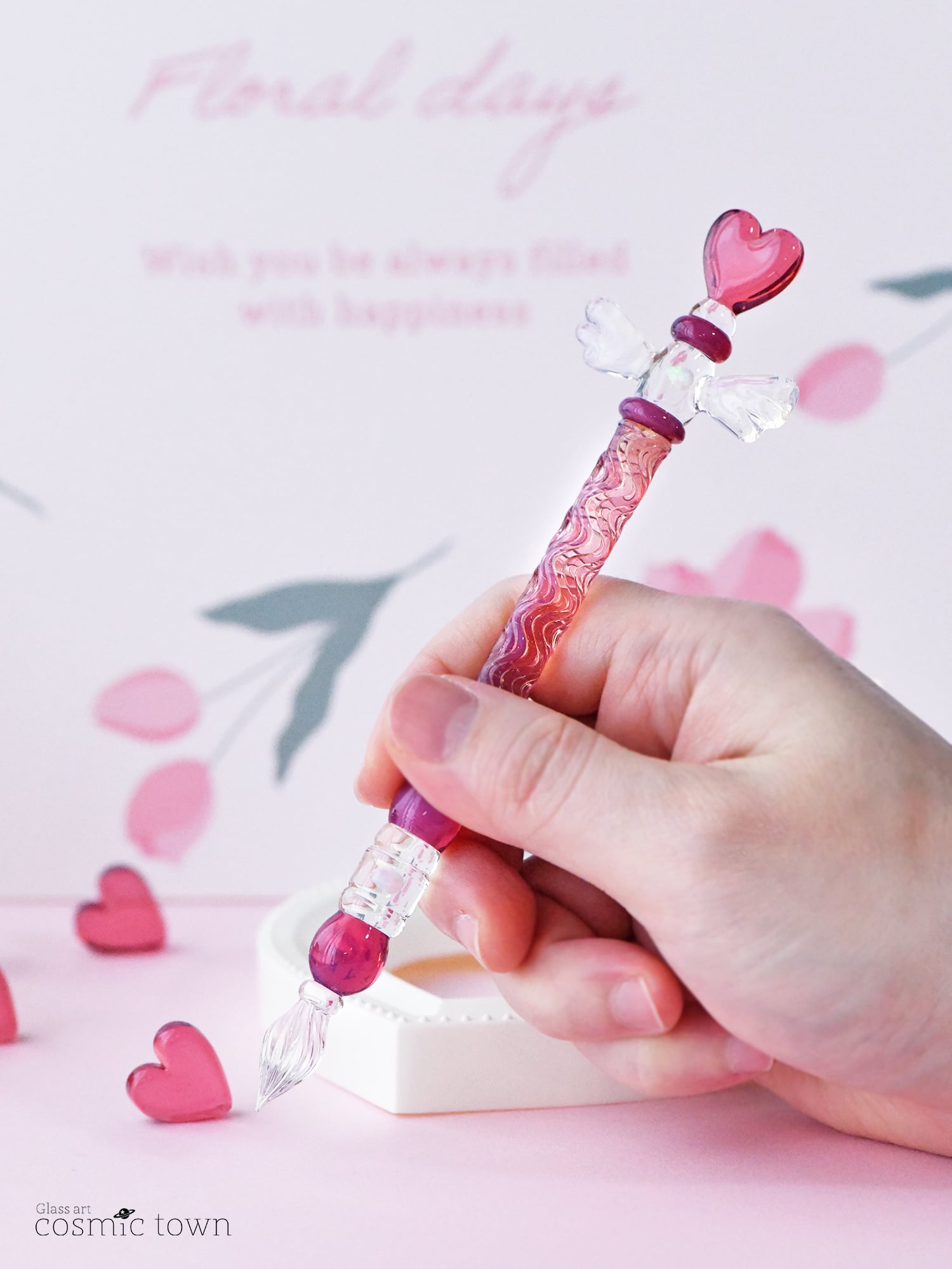 ハートのガラスペン / ウイングver. / ボロシリケイト【オパール2個