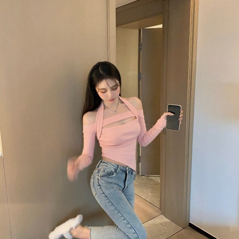 ニットセーター シャツ ホルターワンショルダーショートスプリングトップス ロング 春物 ブラックストロベリース67371370756