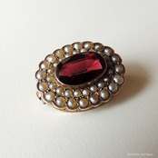 英国アンティークジュエリー 9ctゴールド 天然ロードライトガーネット 真珠 レースピン ブローチ（ソーティングメモ付）