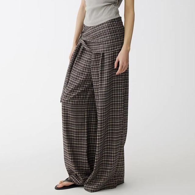Fake layered checked wide pants 3 colors　V2388