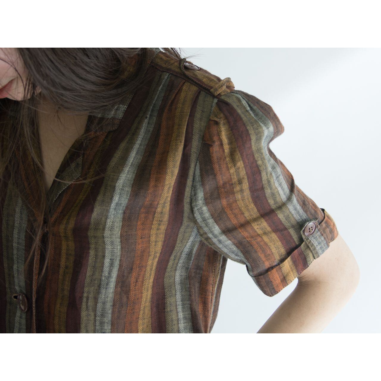 【Made in France】Striped open collar linen one-piece（フランス製 オープンカラーストライプリネンワンピース）5d