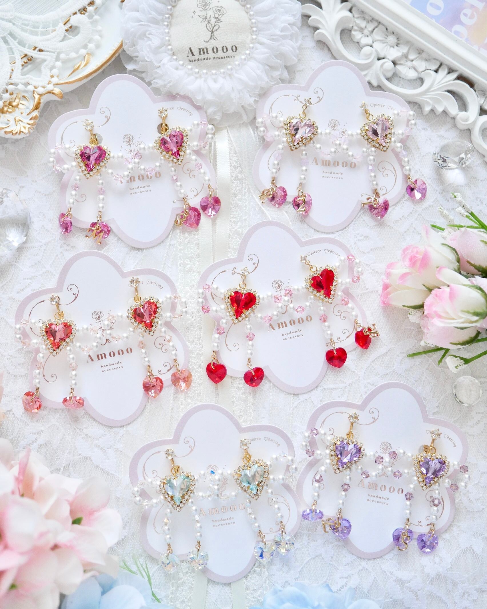 ☆334❤️ レジン ハート 薔薇 淡水パール りぼん ピアス イヤリング 
