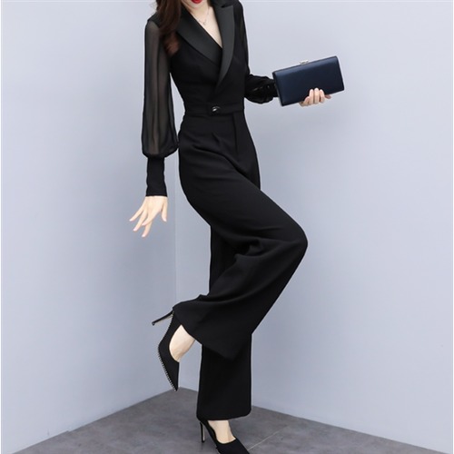 オールインワン パンツドレス ジャンプスーツ ハイウエスト 体型カバー 長袖 ワイドレッグ ブラック 大きいサイズ XL 2XL ボリューム袖 フォーマル 結婚式 お呼ばれ 無地 エレガント きれいめ