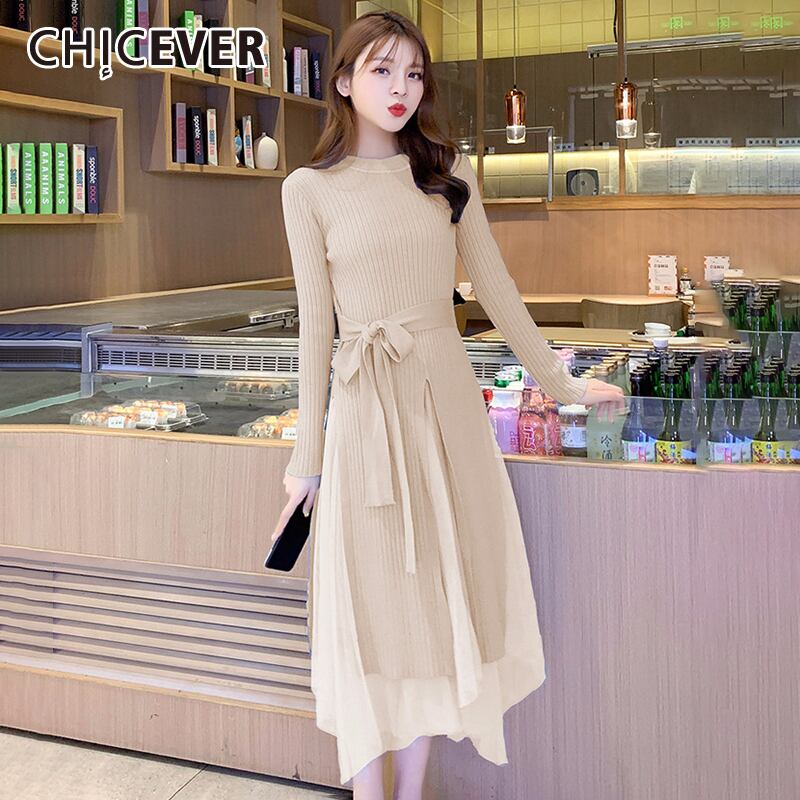 CHICEVERツーピースセット女性Oネック長袖レースアップボウ非対称セーターウエスト不規則な裾メッシュスカートスーツ ロング リボン 6base591428663181