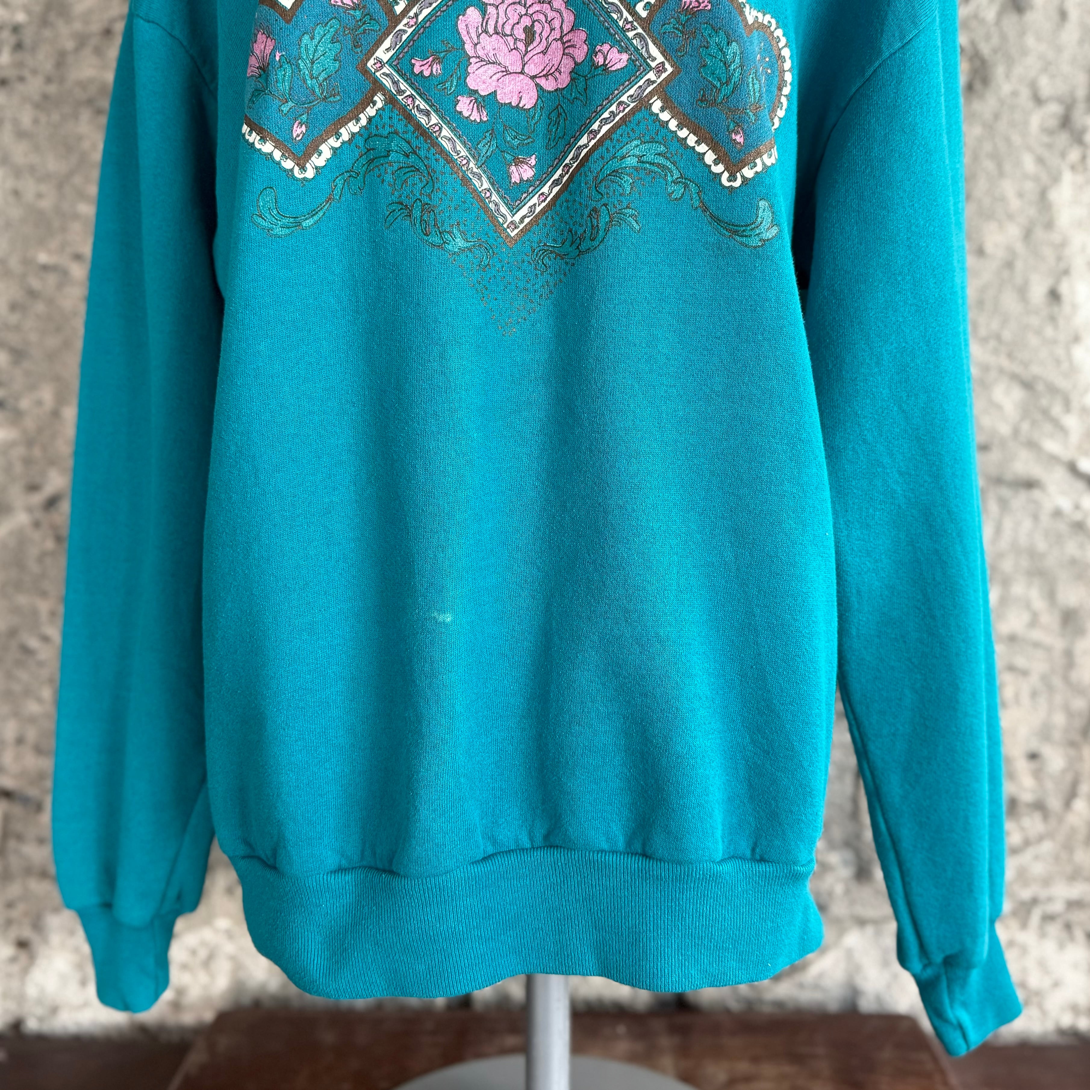 古着　スウェット　トレーナー　ヴィンテージ　フラワー刺繍　レトロ 刺繍 スウェット スエット トレーナー 花 紺 ネイビー 長袖 レトロ