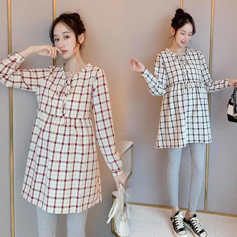 【新作】【送料無料】 6020＃マタニティドレス看護春秋ファッションコットン長袖格子縞授乳ドレス妊婦 ロング スプリング 春物 オータム 秋物 AL expec343939608395