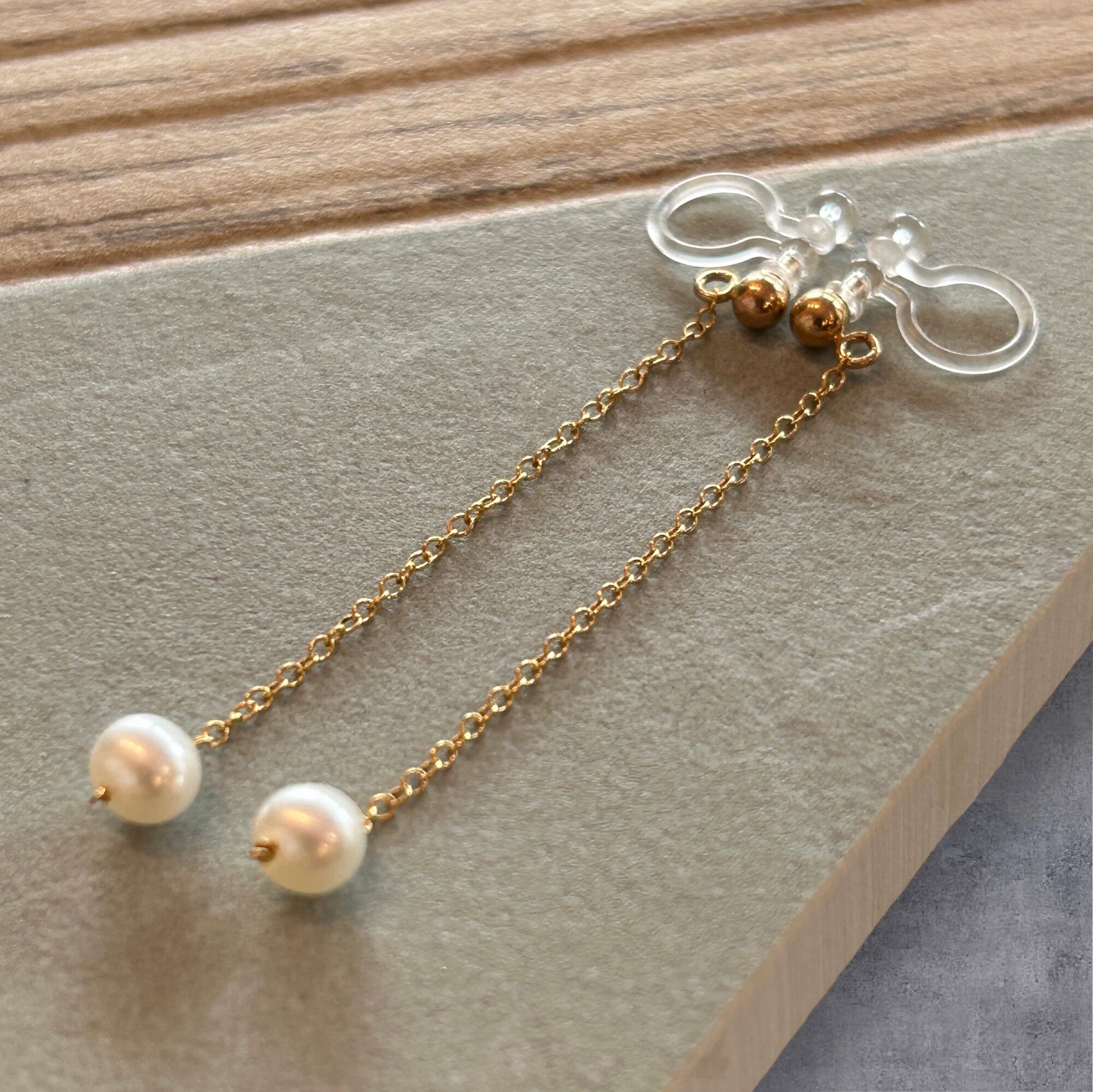 Pearl pierced earrings〖temtem〗淡水パールチェーンノンホールピアス-イヤリング