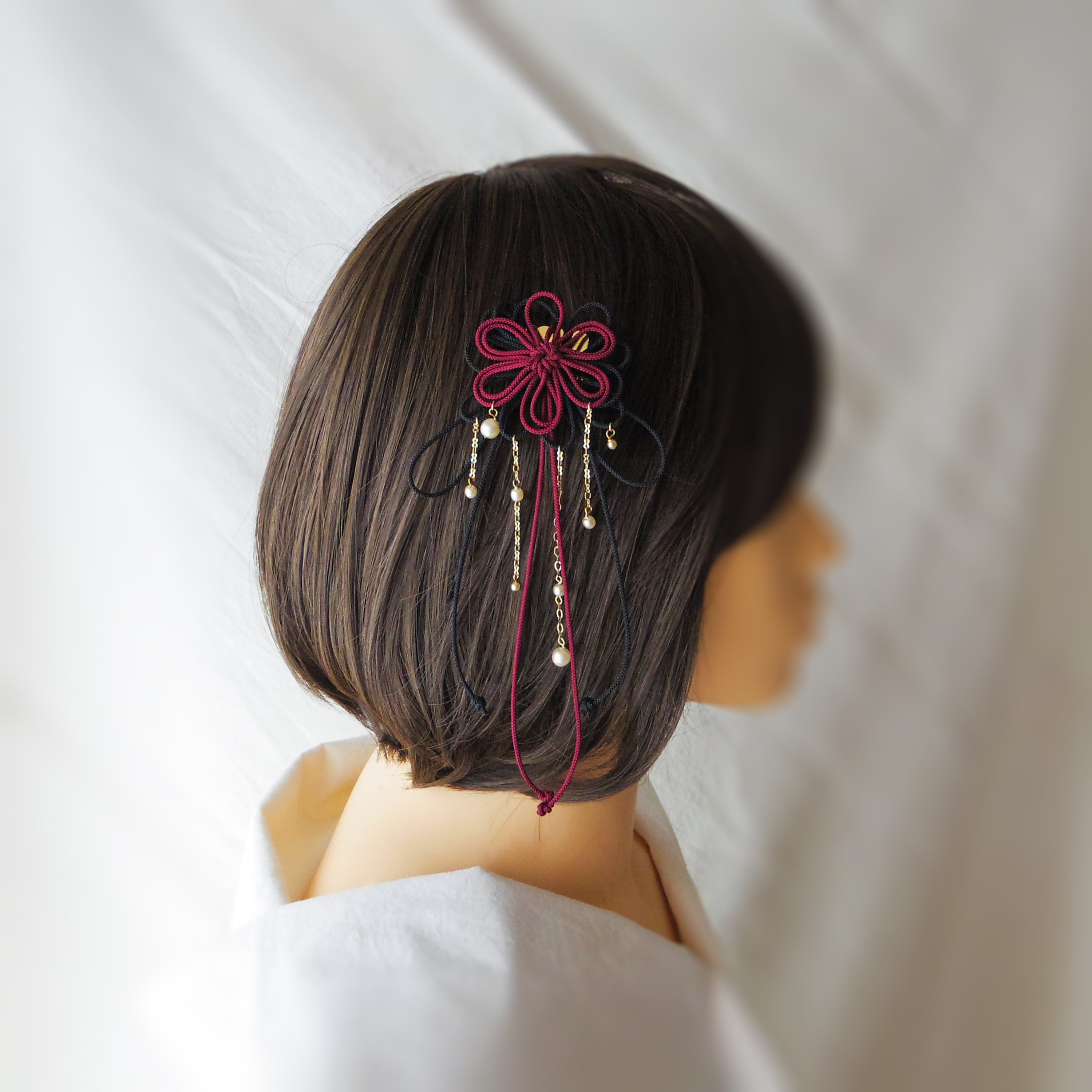 飾り結びヘアコーム(小)「爛、其レハ」(臙脂×黒)【軽量で簡単和装ヘア】浴衣・着物・七五三や成人式に。