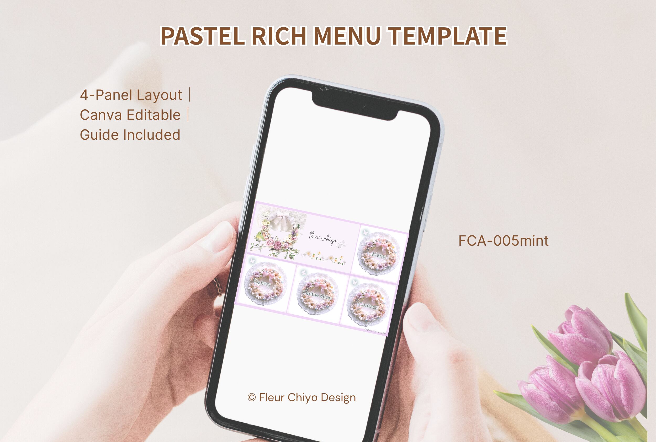 【FCA-004】パステルフラワーのリッチメニュー 4分割｜Canvaテンプレート【設置ガイド付】　