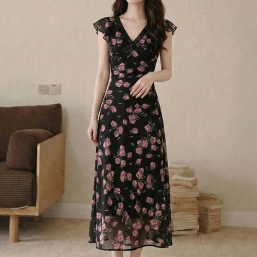 2色／ローズプリントVネックシフォンワンピ ・75787