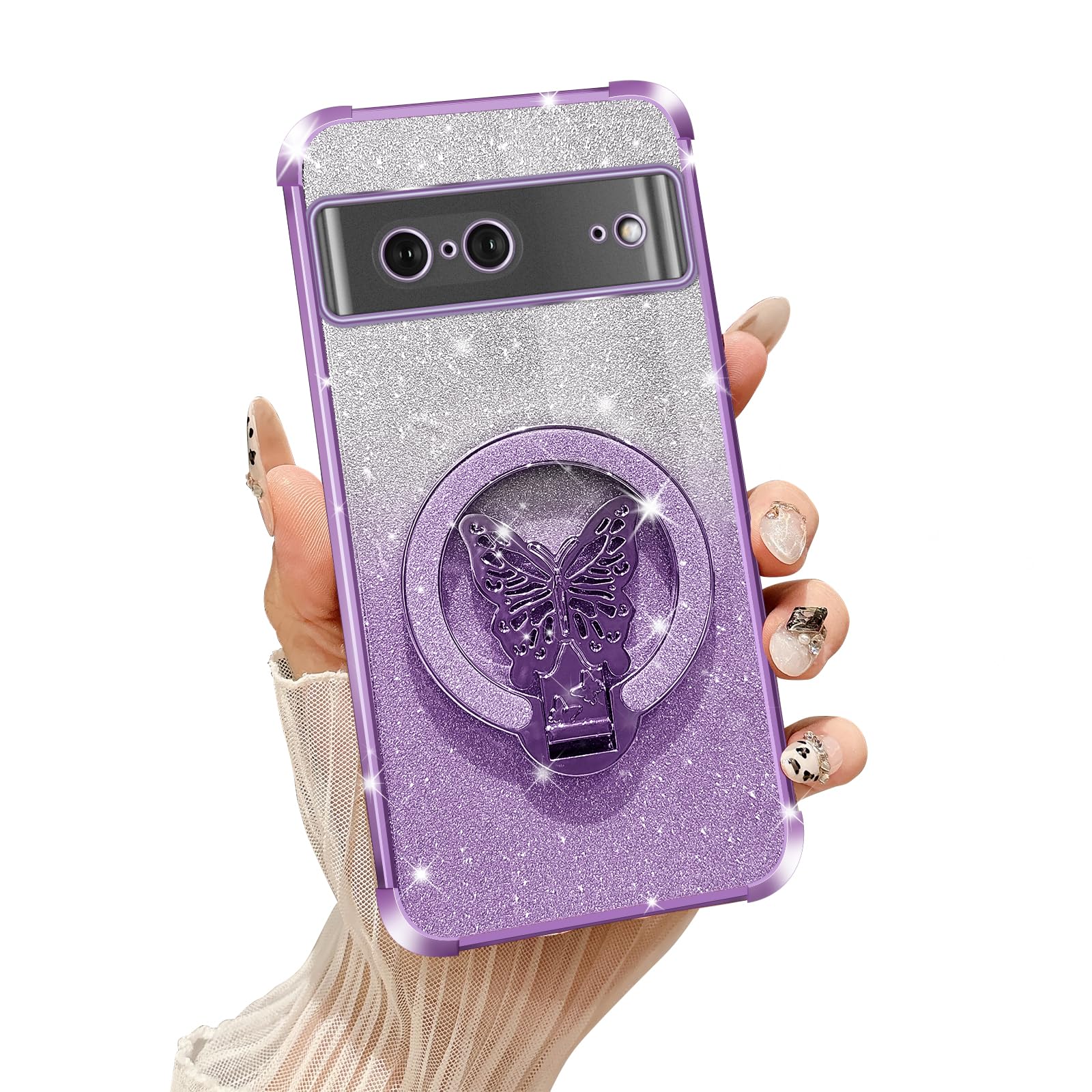 nancheng と互換性がある Google 7 Pixel スマホケース 適合 可愛い 女性 キラキララメ 蝶々デザイン バタフライスタンド付き シリコン保護カバー ワイヤレス充電 モデル MagSafe対応 磁気リング内蔵 携帯ケース キャンディカラー 薄型 手触り良好 耐衝撃 軽量 女性向け スマホカバー 紫