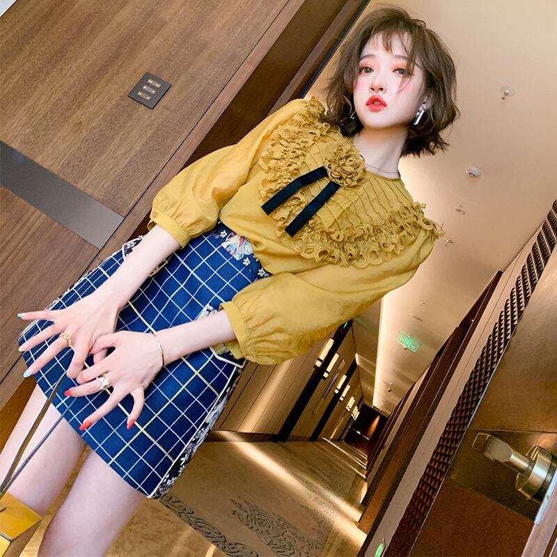 Flowerデザイン プリーツシャツ 格子柄プリント柄スカート スプリング 春物 フラワーデザイン MIUCO90483535705