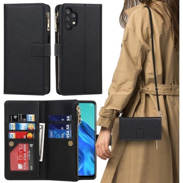 Galaxy A32 5G ケース 手帳型 ショルダー A32 5G カバー A32 ケース A325Gケース SCG08 カバー スマホケース a32 ケース 手帳型 case 適用 iCoverCase ストラップホール付き カード収納 バッグ マグネット 留め具 肩がけ 首掛け 斜め掛け カードケース ファスナー型 ストラップ付き カバー ショルダーケース クロスボディケース カード入れ スマホケース 携帯カバー ブラック 1149