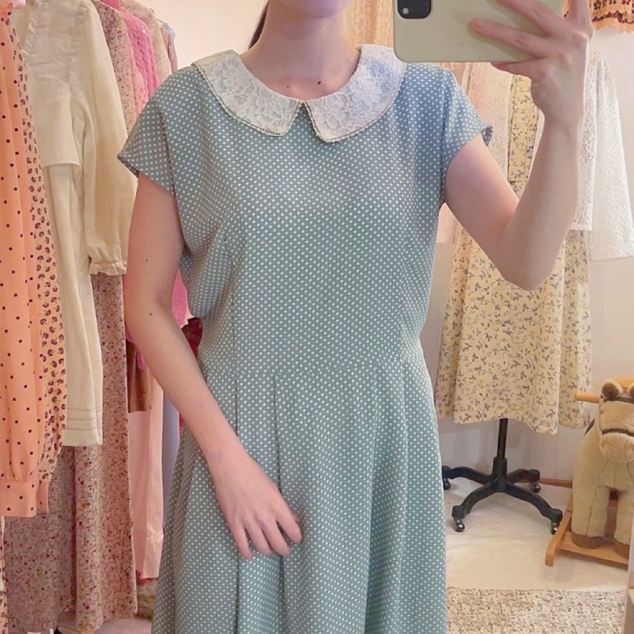 lace collar light green dot one-piece