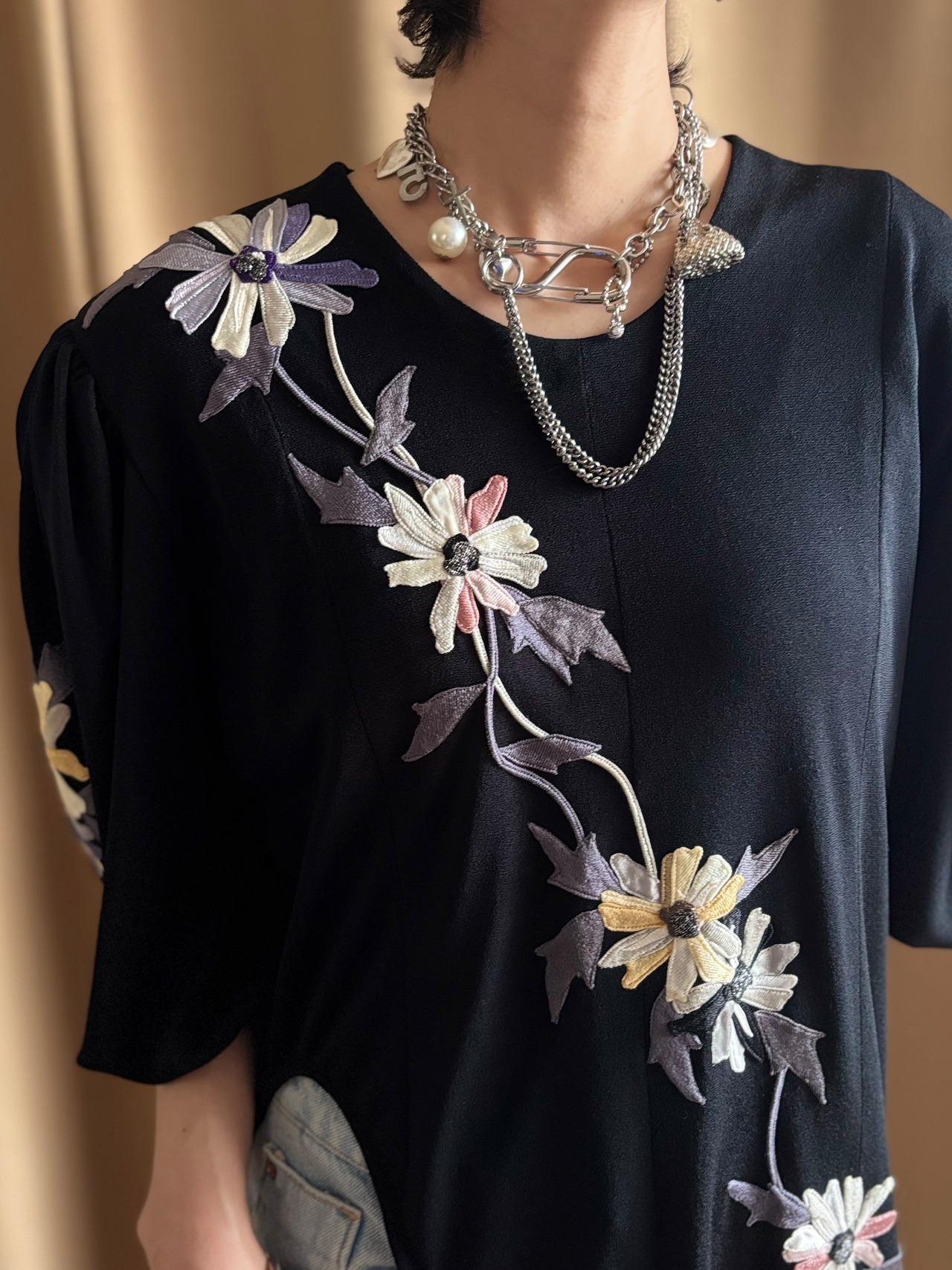 floral embroidery black slit dress-5211-4