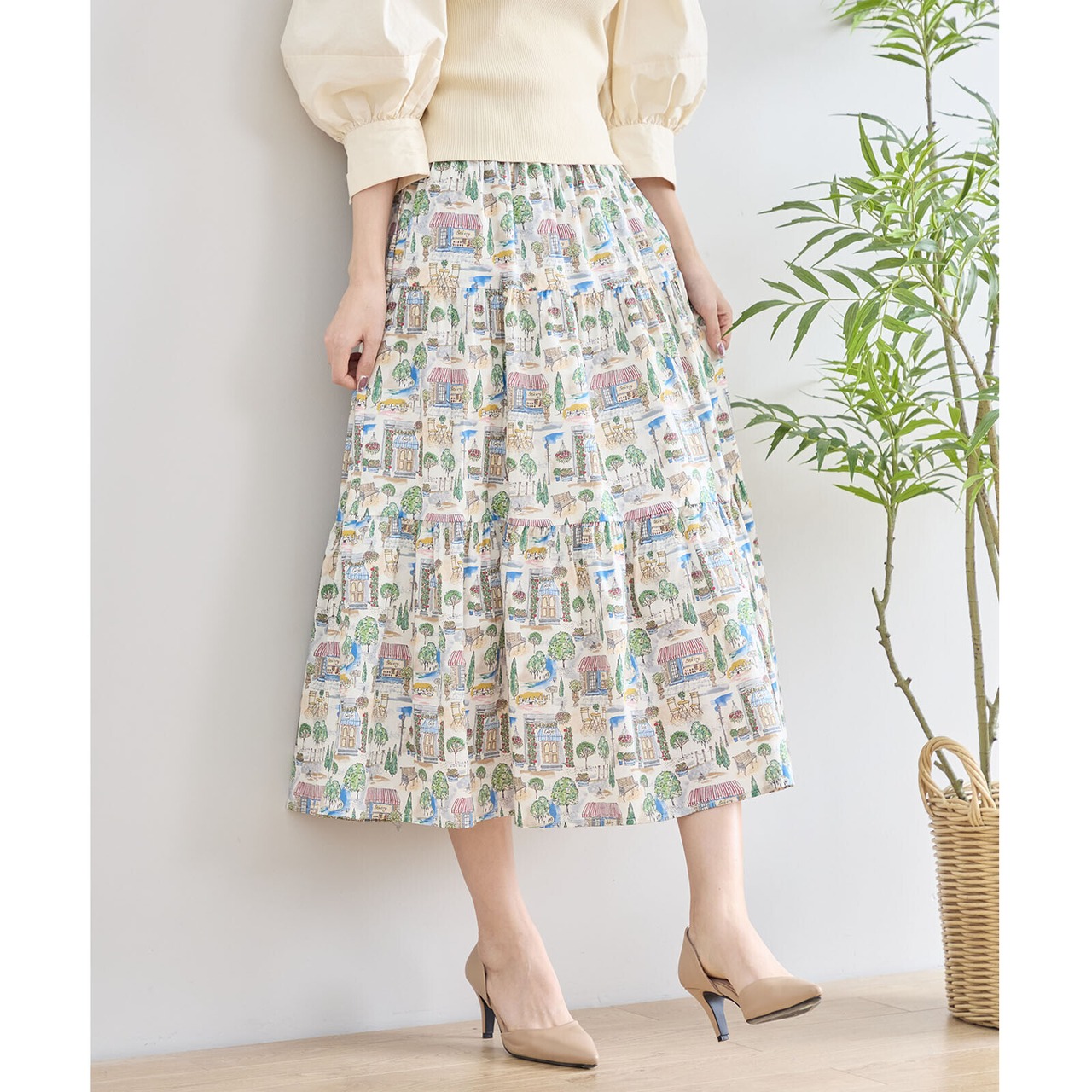 TRUBE フレンチヴィンテージプリントスカート【M~L】ベージュ