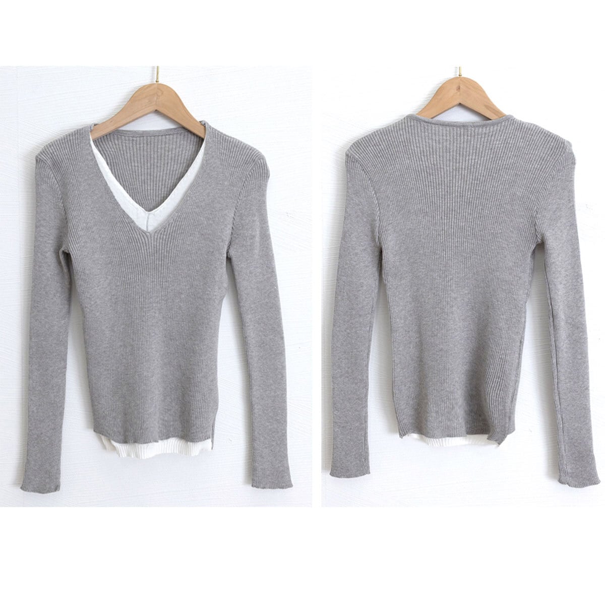 レイヤード風 ニット 長袖 トップス レディース 春秋冬 韓国 重ね着風 Vネック 大人 きれいめ カジュアル おしゃれ リブニット 薄手 無地 インナー 大人可愛い 大人女子