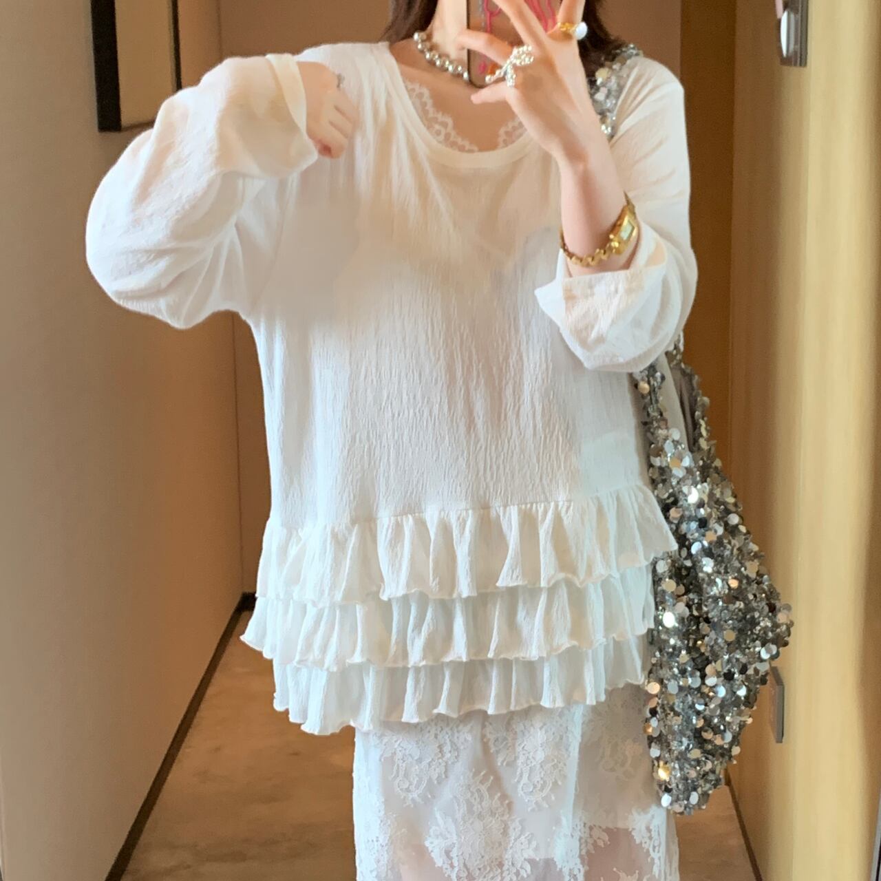 ラウンドネック フリルカジュアルトップス A4147