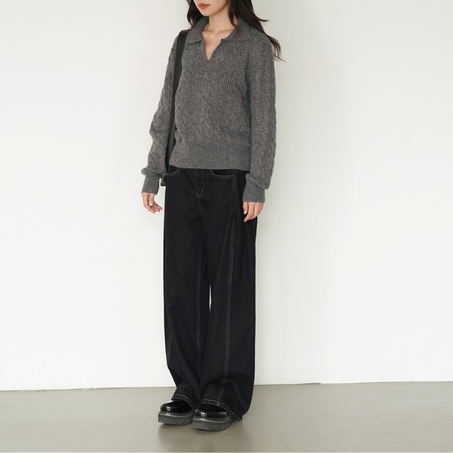 polo collar cable knit top　J00200