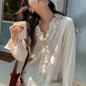 v-neck frill stripe shirt　J00506