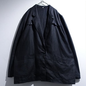 Black Linen Yoke Design Easy Tailored Jacket