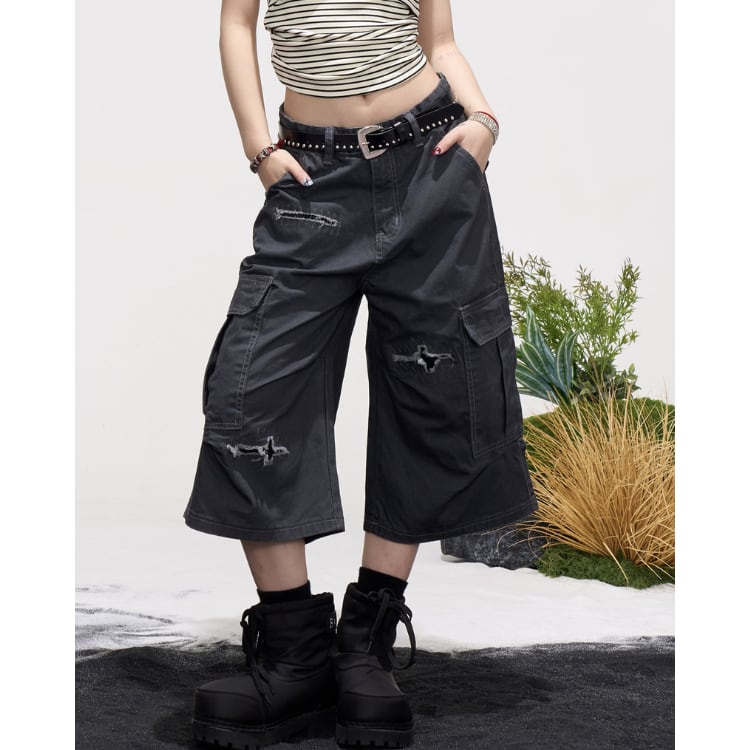 クラッシュ加工 ルーズシルエット 膝下 カーゴパンツ ◆2col L60120