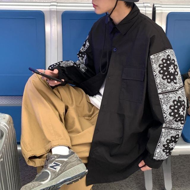 【予約販売】シャツ 長袖 メンズ 柄袖 ペイズリー柄 オーバーサイズ レトロ ブラック ホワイト カジュアル シンプル こなれ感 お洒落 韓国 トレンド 春 夏 秋 M/L/XL/2XL