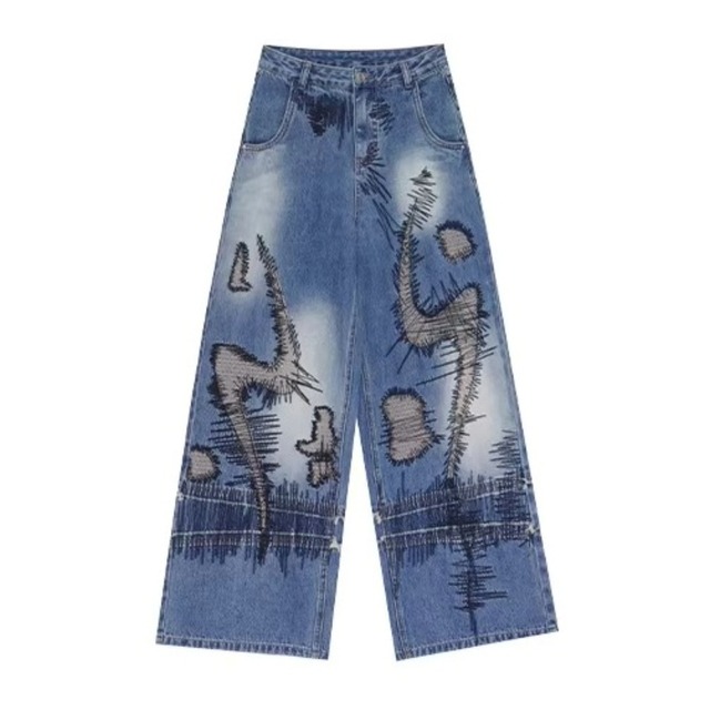 リペアステッチデザインルーズフィットデニムパンツ 2col   R01869