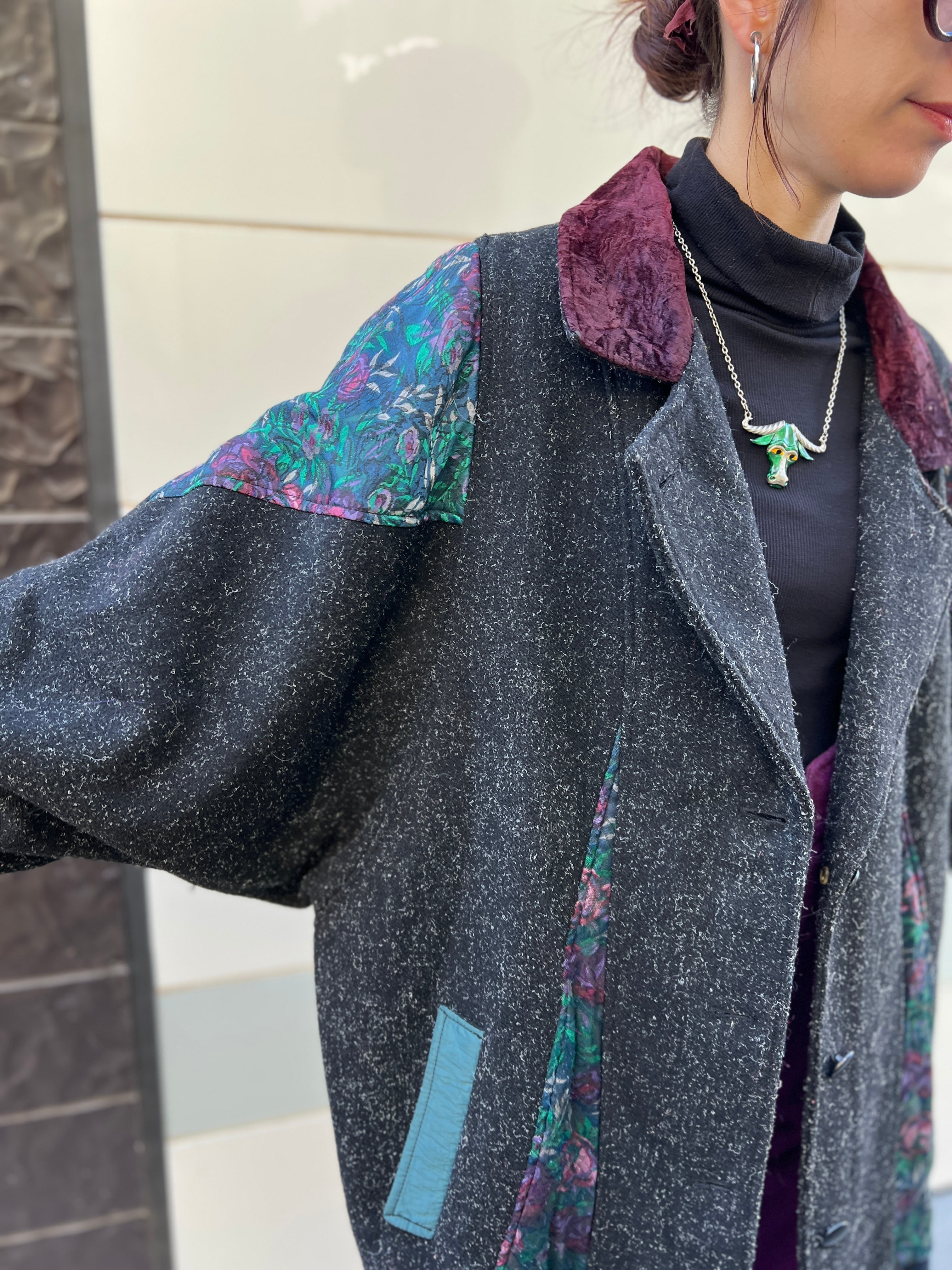 80s dolman sleeve black wool × floral switching Coat