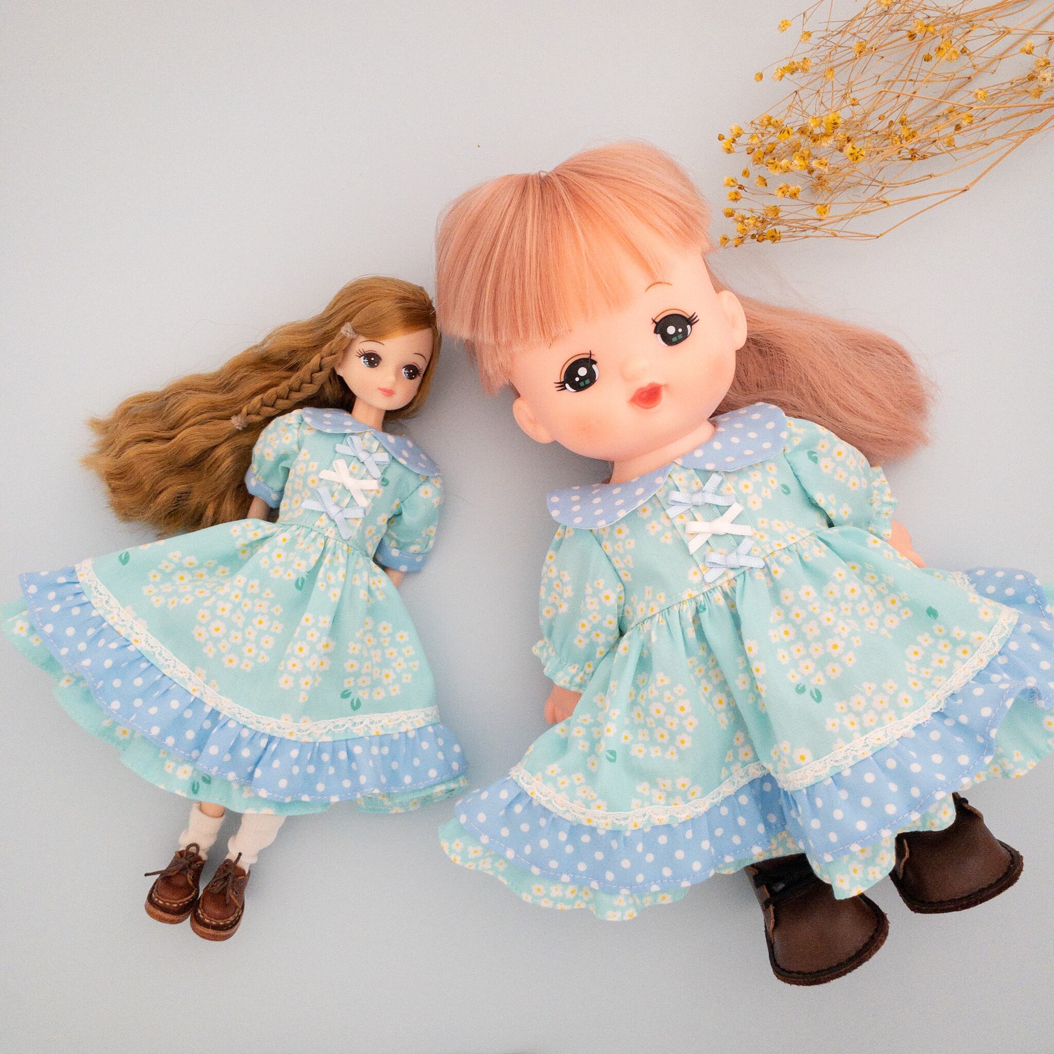 ２点セット リカちゃんメルちゃんお揃いワンピース 水色リボン Dollkamiyu