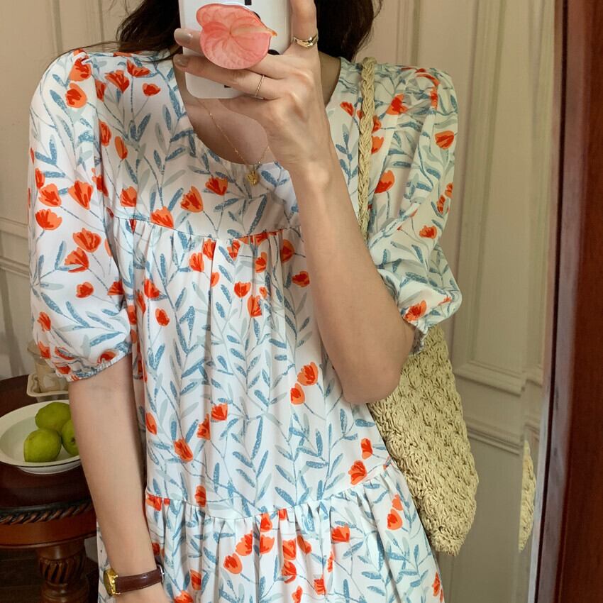 スタイルAラインスカート ドレス レディースサマースリーブラウンドネックルーズロング 夏物 Oネック ビッグFスモールZ韓国59312552286